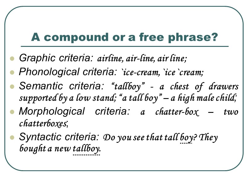 A compound or a free phrase? Graphic criteria: airline, air-line, air line;  Phonological